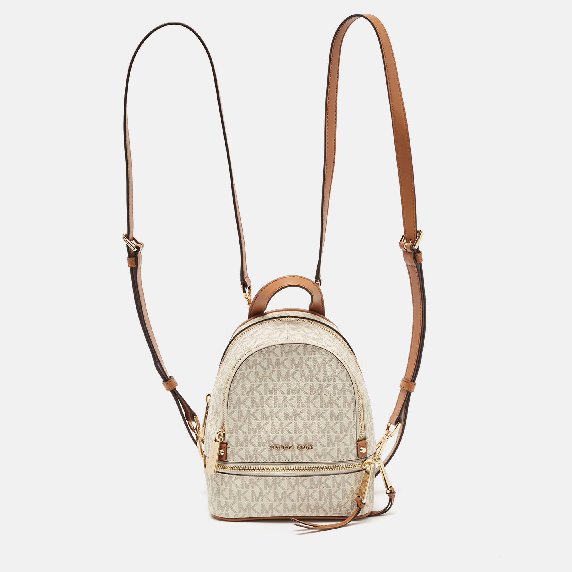 

Michael Kors White/Tan Signature Coated Canvas and Leather Mini Rhea Backpack