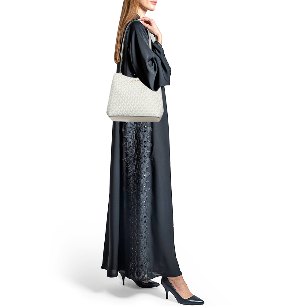 Michael Kors Off Signature White Coated Canvas and Leather Medium Pratt Bucket Bag 