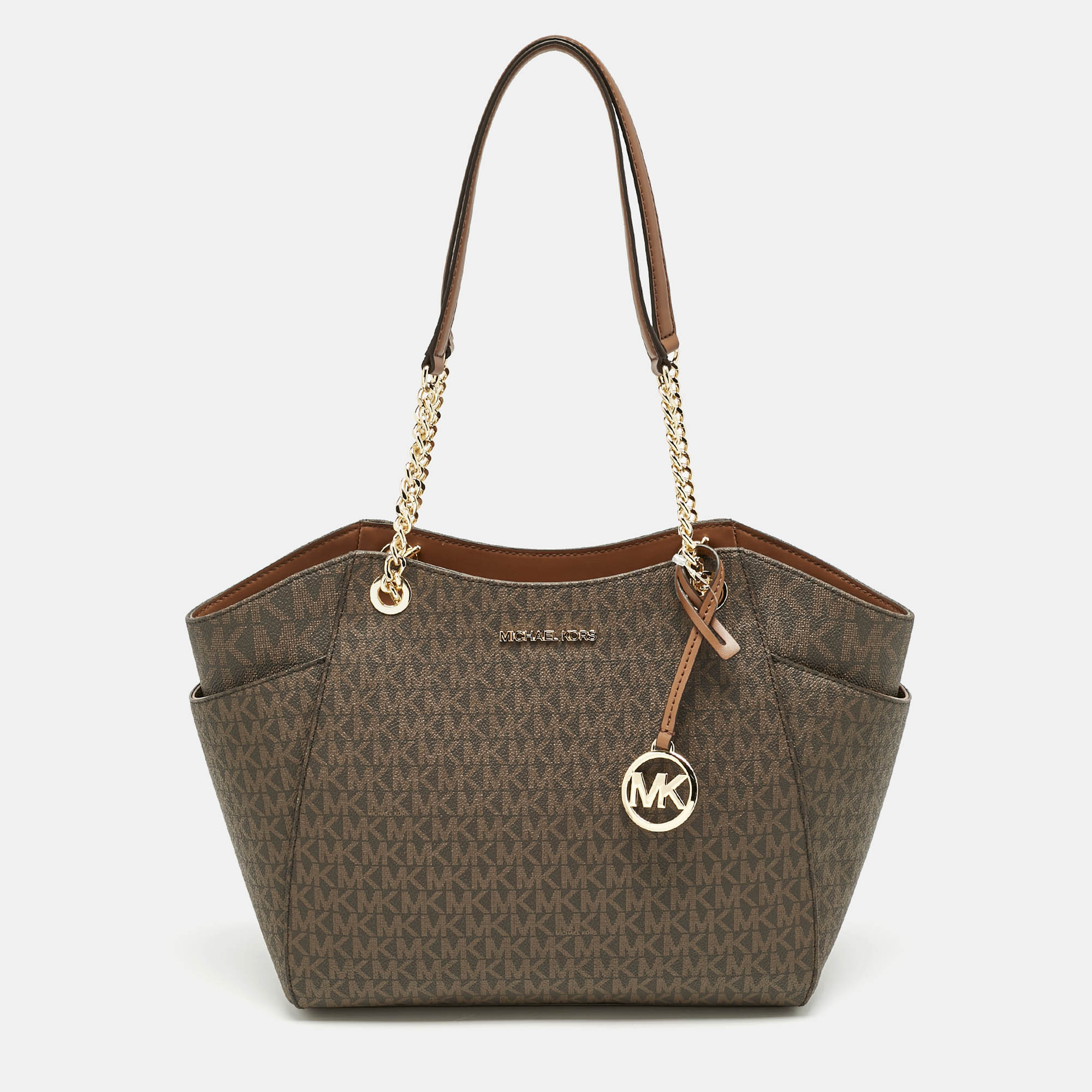 Pre-owned Michael Kors Brown Signature Coated Canvas Large Jet Set Travel Chain Tote