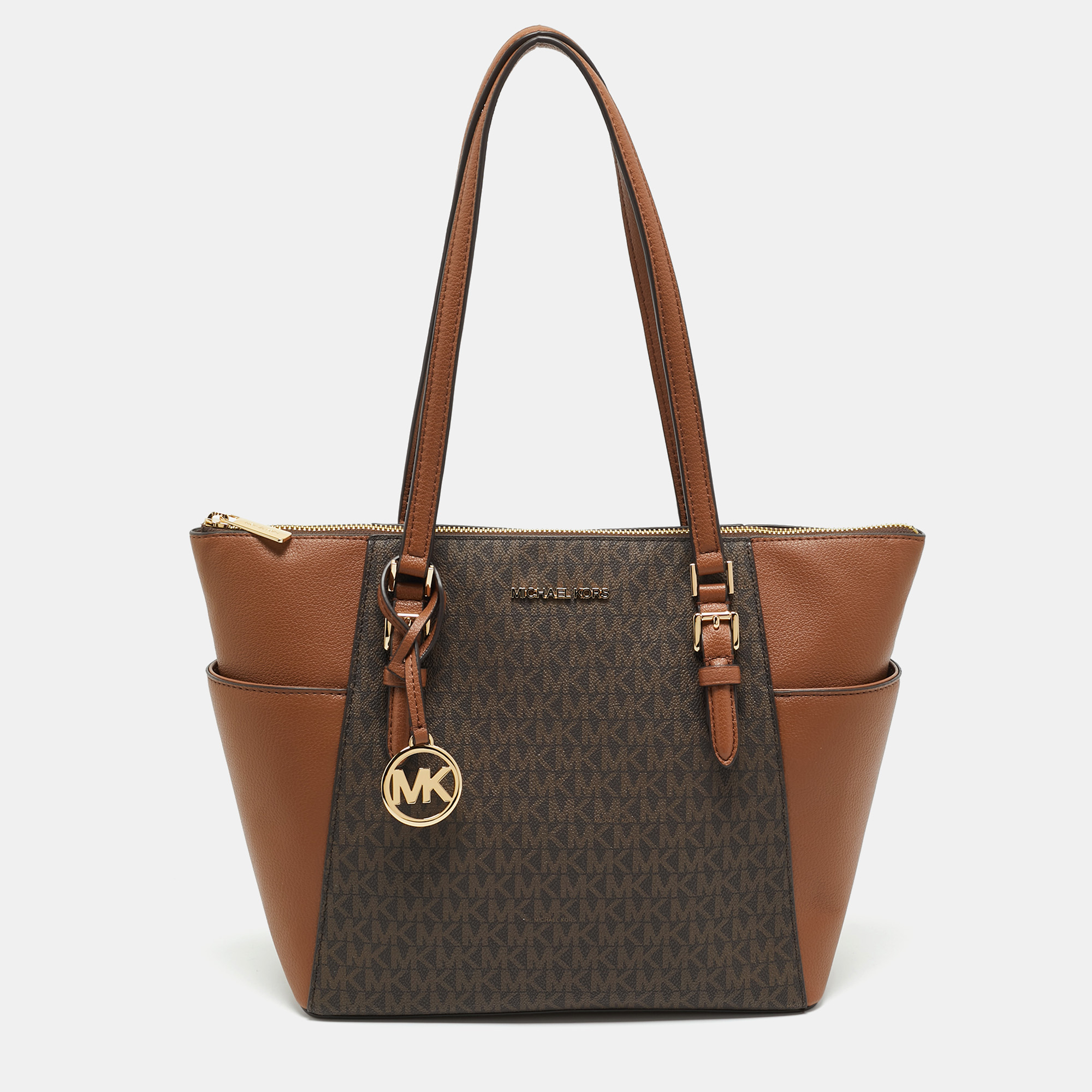 Pre-owned Michael Kors Brown/tan Signature Coated Canvas Large Charlotte Top Zip Tote
