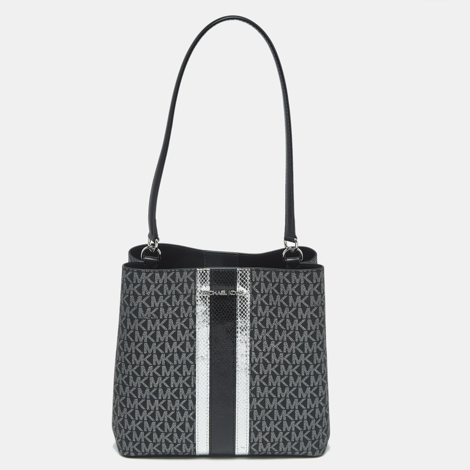 Pre-owned Michael Kors Black Signature Coated Canvas And Snakeskin Embossed Leather Medium Pratt Bucket Bag
