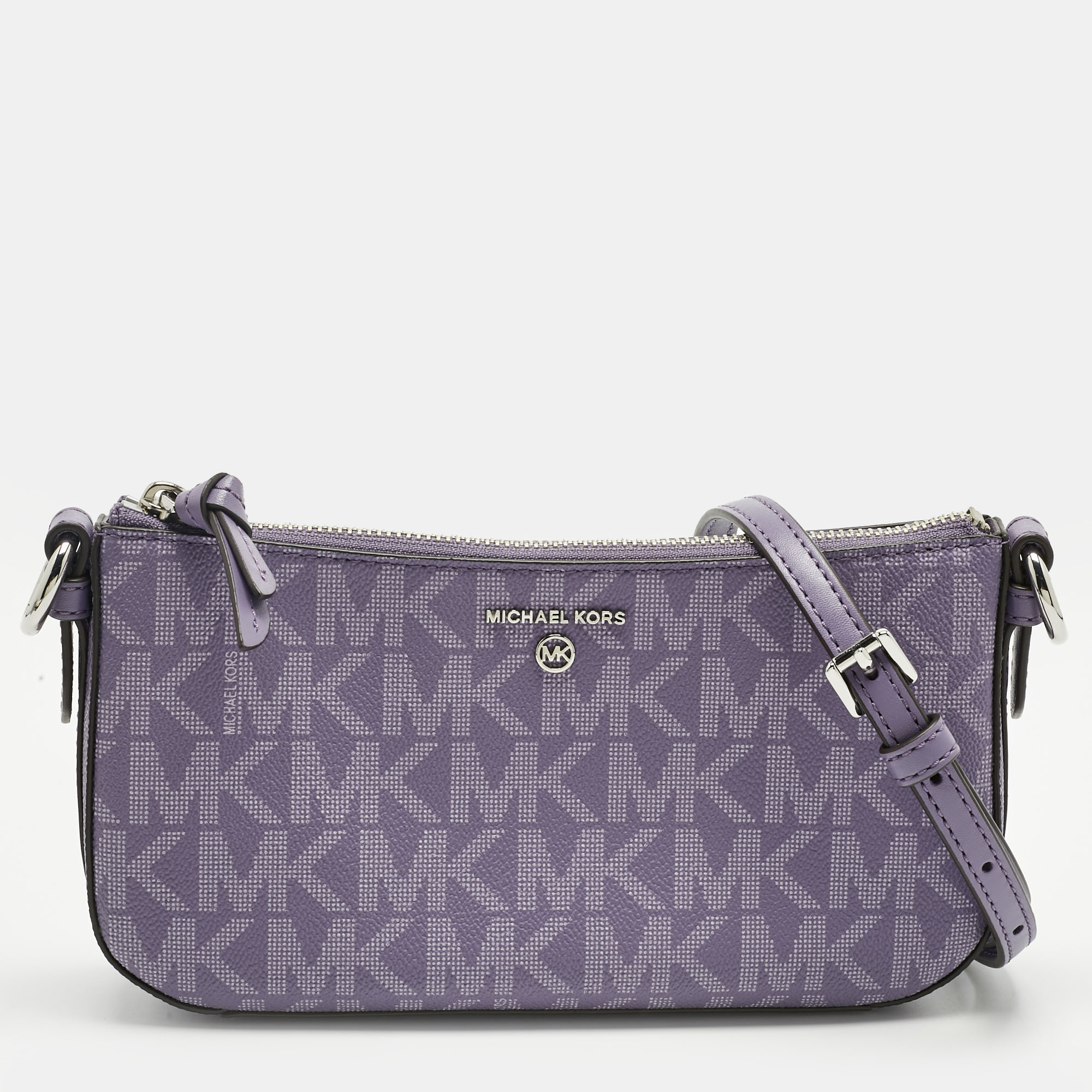 Pre-owned Michael Kors Lilac Signature Coated Canvas And Leather Jet Set Charm Crossbody Bag In Purple