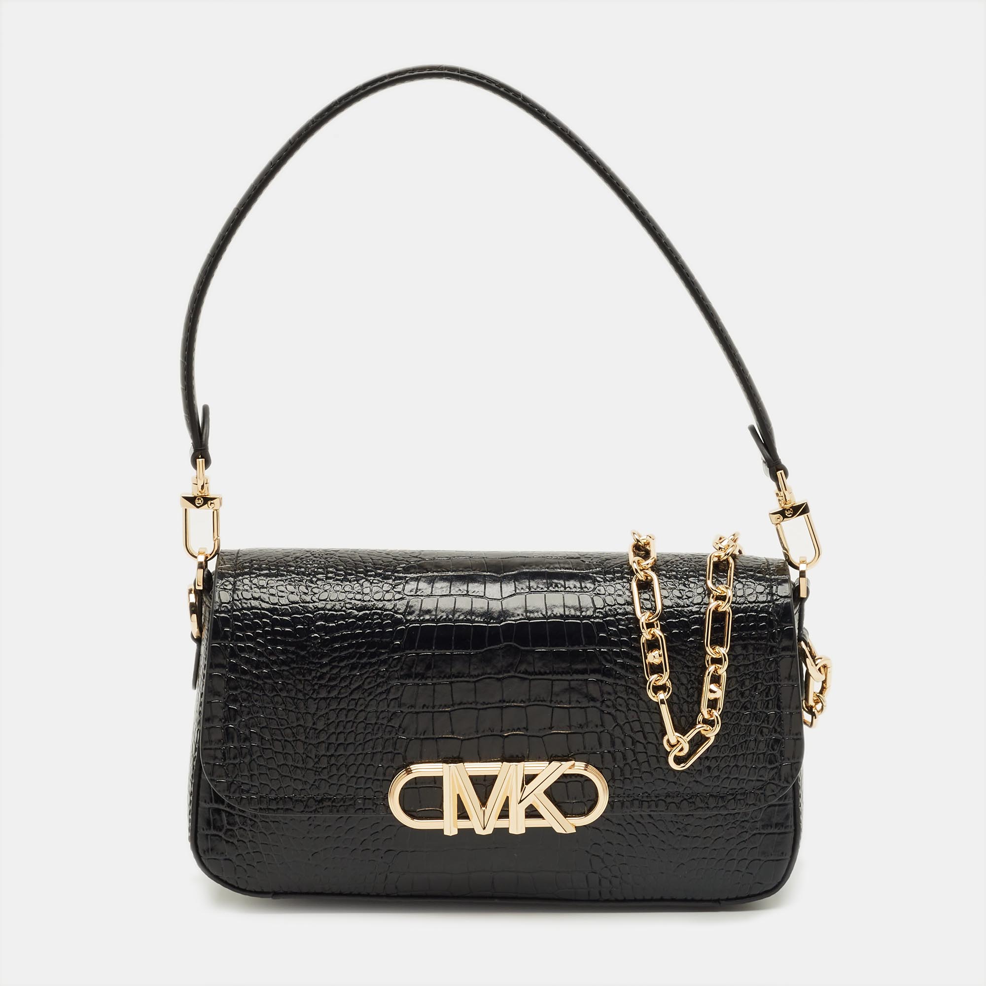 Pre-owned Michael Kors Black Croc Embossed Leather Medium Parker Convertible Pochette Shoulder Bag