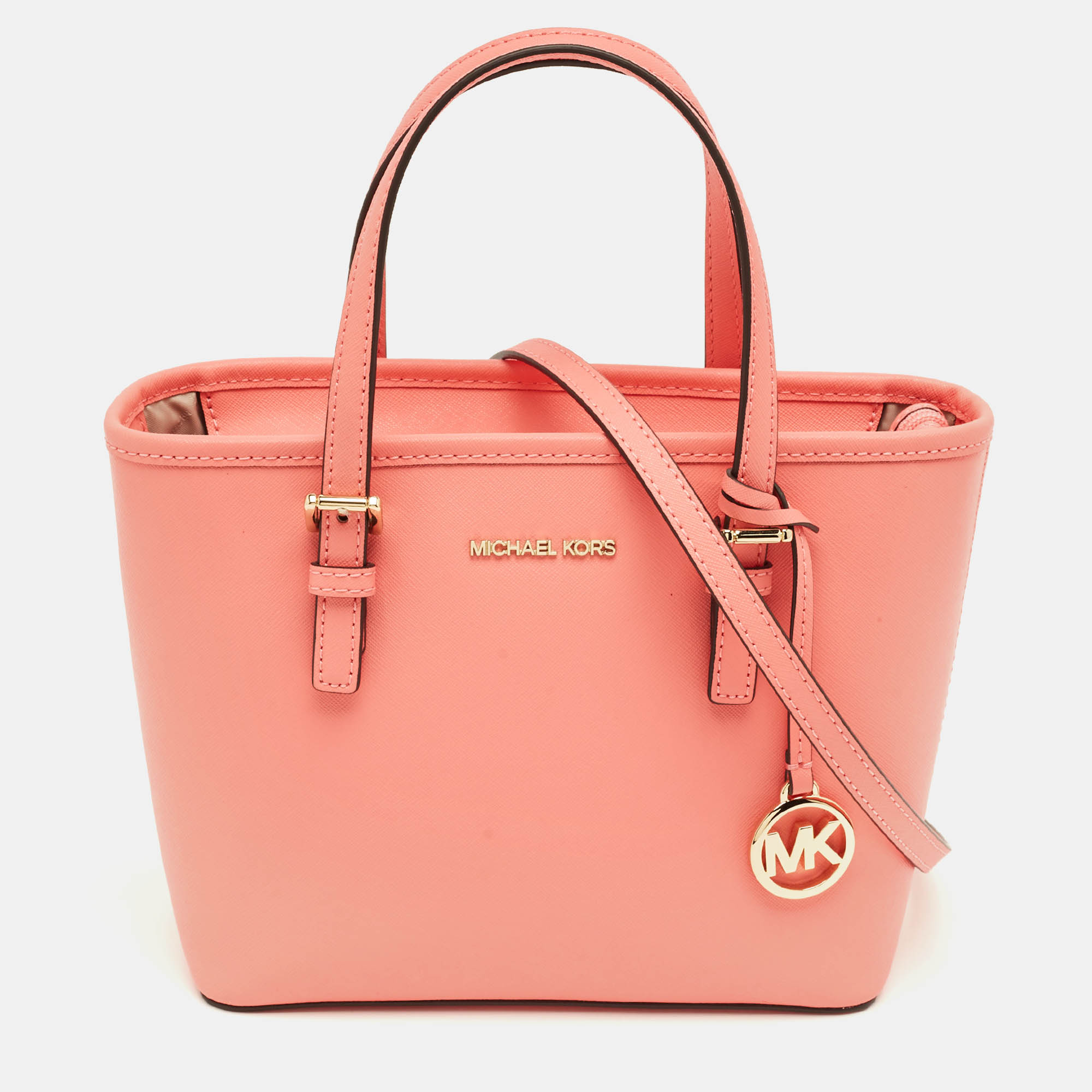 Pre-owned Michael Kors Grapefruit Leather Extra-small Jet Set Travel Tote In Pink