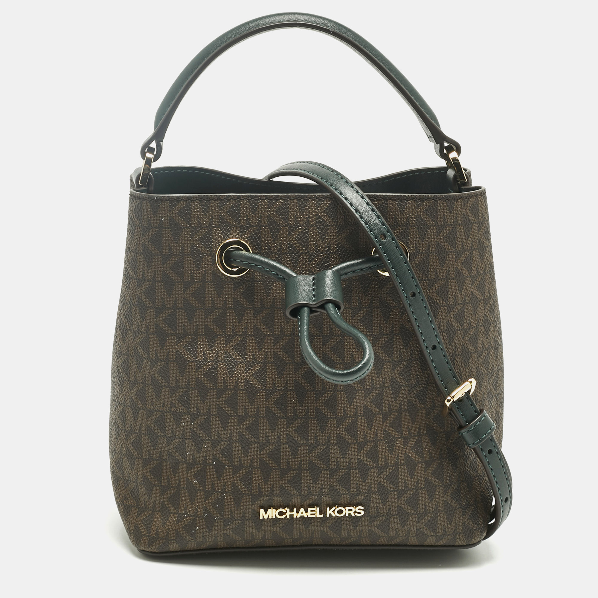 MICHAEL KORS Pre-owned Brown/dark Green Signature Canvas Suri Drawstring Bucket Bag