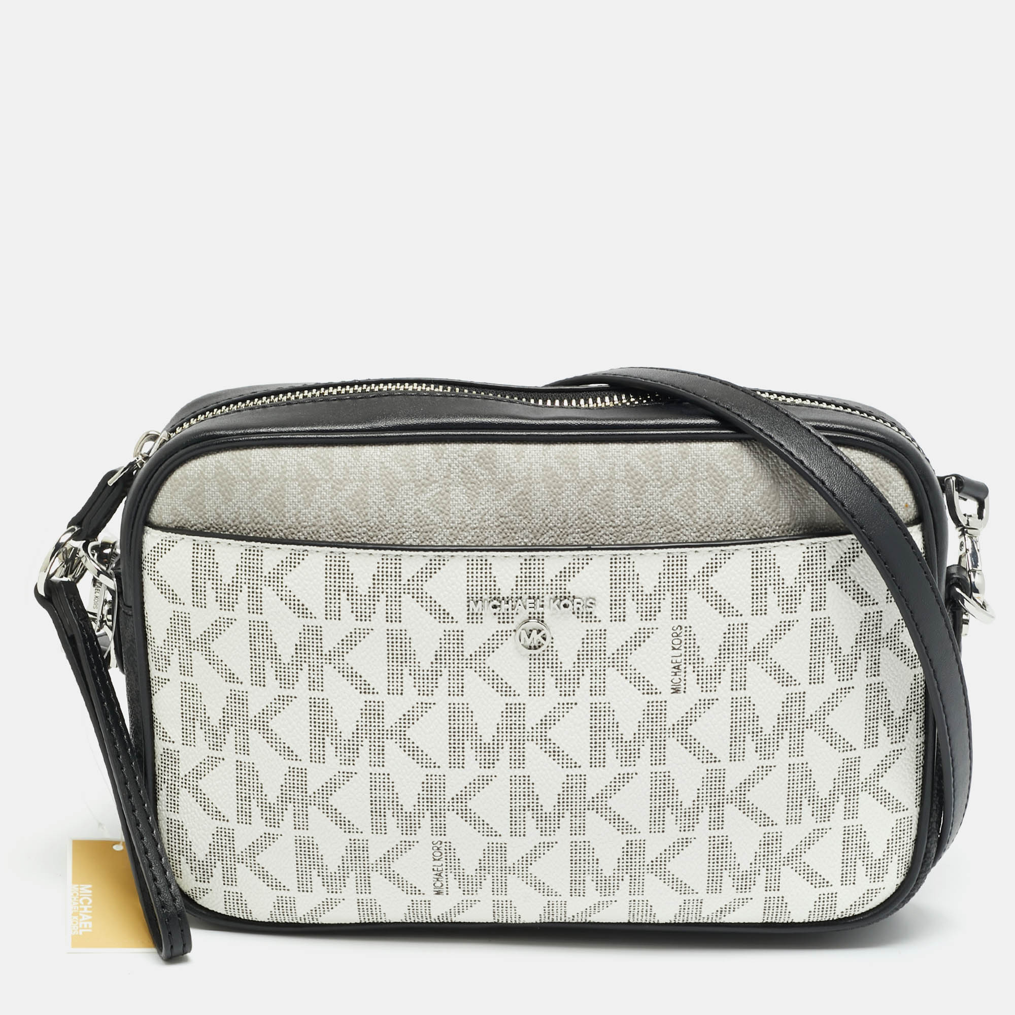 Pre-owned Michael Kors Jet Set Charm Large Tricolor Signature Coated Canvas Camera Crossbody Bag In Multi