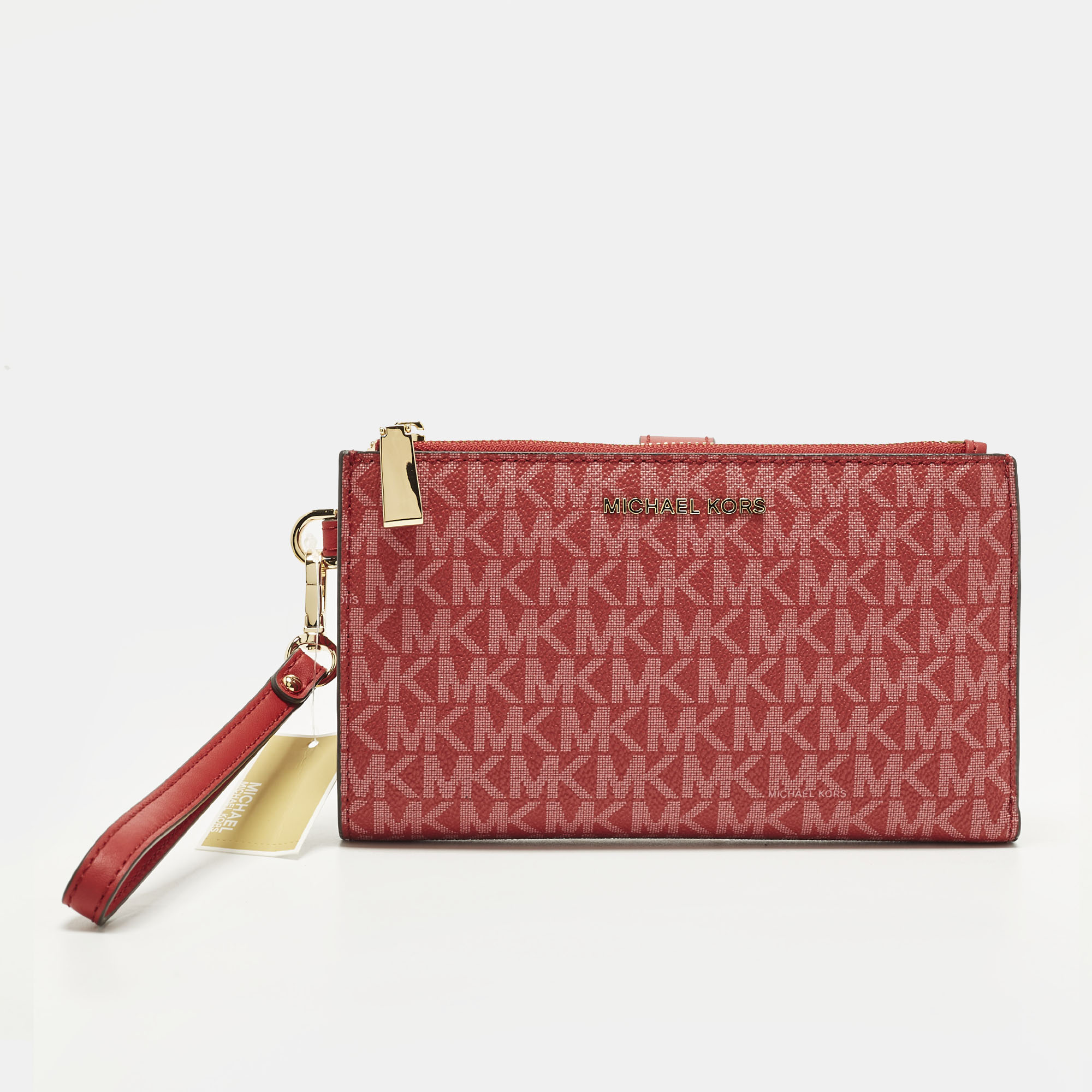 

Michael Kors Jet Set Double Zip Red Signature Coated Canvas Wristlet Wallet