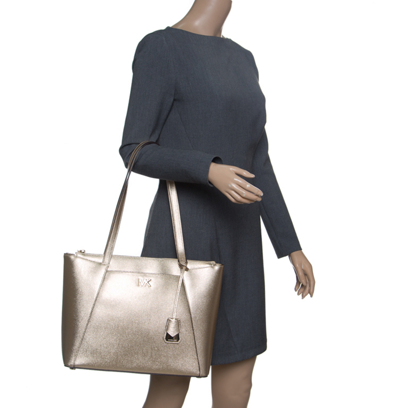 

Michael Kors Light Gold Leather Maddie East West Top Zip Tote