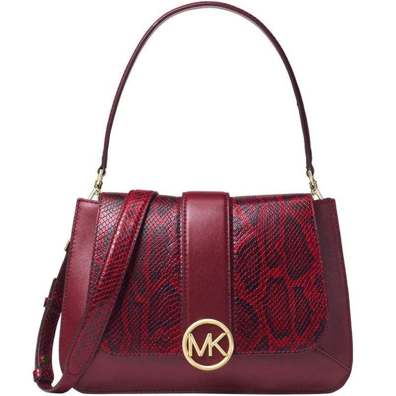 Michael Kors Burgundy Snake Embossed And Leather Lillie Top Handle Shoulder Bag