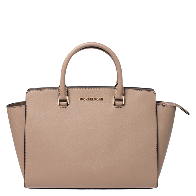 Pre Owned Michael Kors Beige Saffiano Leather Large Selma Tote