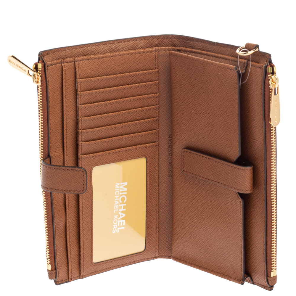 

Michael Kors Brown Leather Jet Set Travel Double Zip Wristlet Wallet