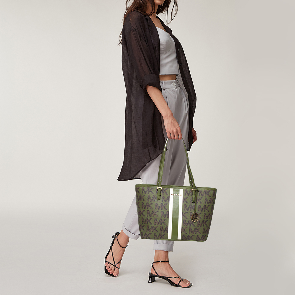 

Michael Kors Green/Brown Signature Canvas Medium Carryall Tote