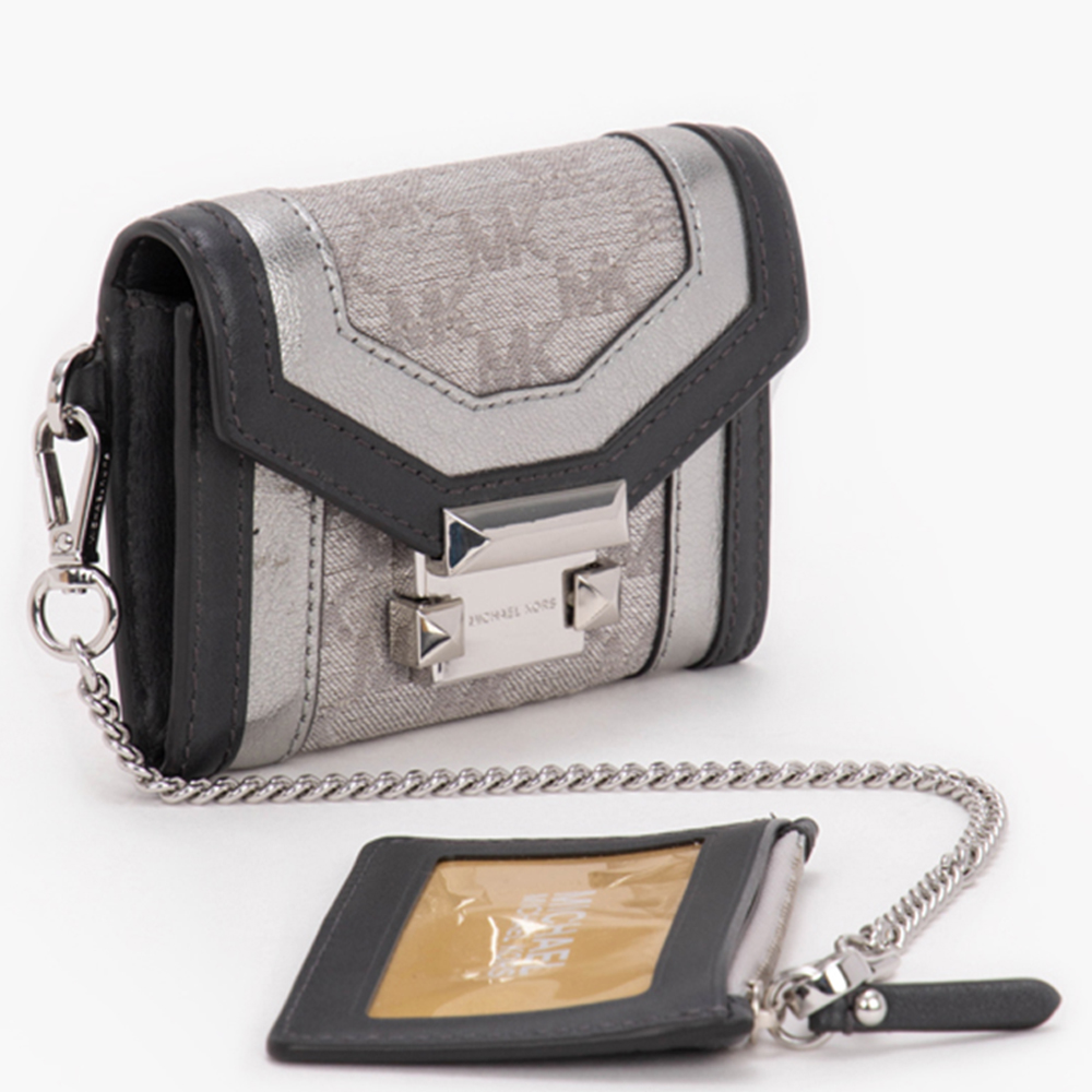 

Michael Kors Silver Polyester and Cotton Whitney Small Metallic Logo Jacquard Chain Wallet