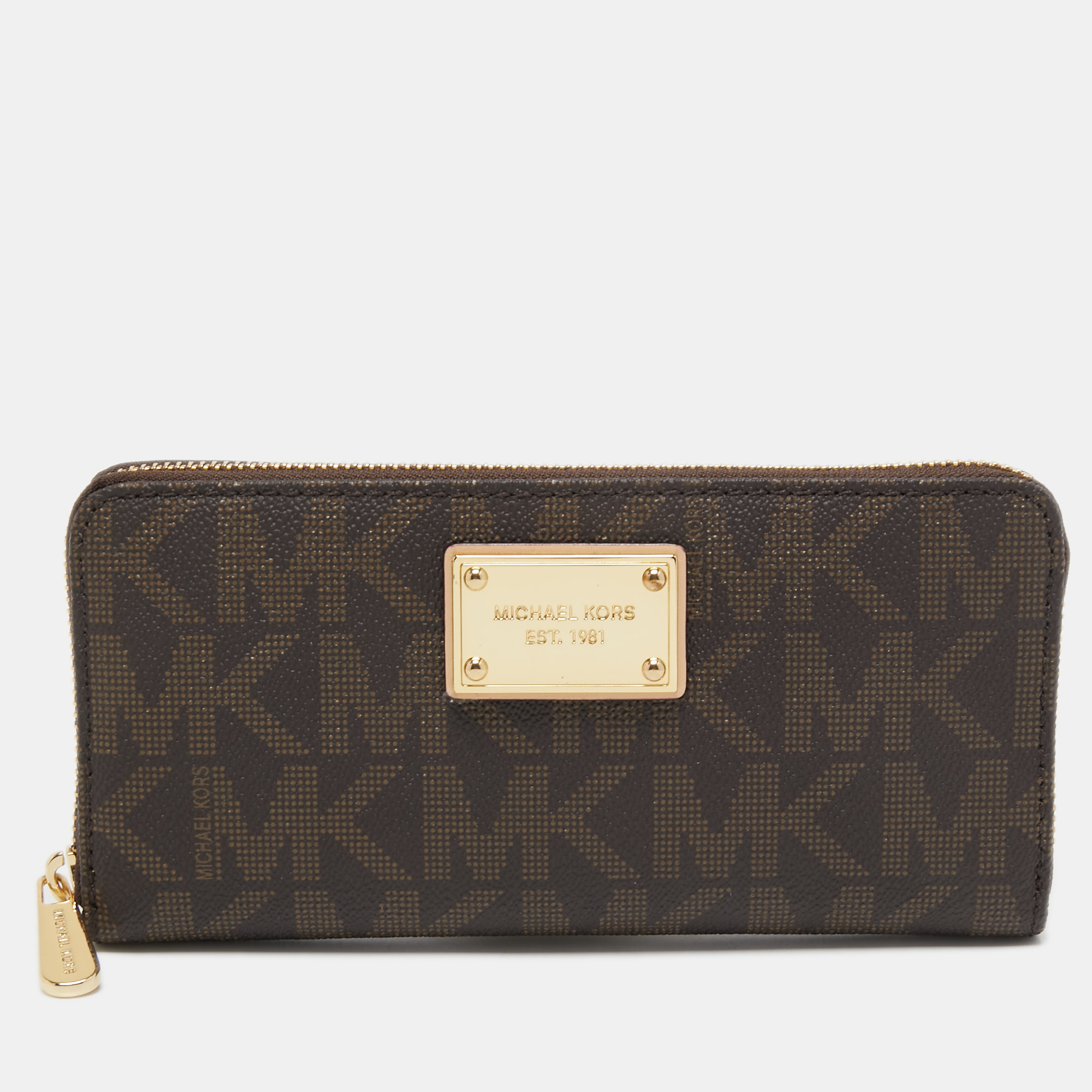 Pre-owned Michael Kors Michael  Brown Signature Coated Canvas Zip Around Wallet