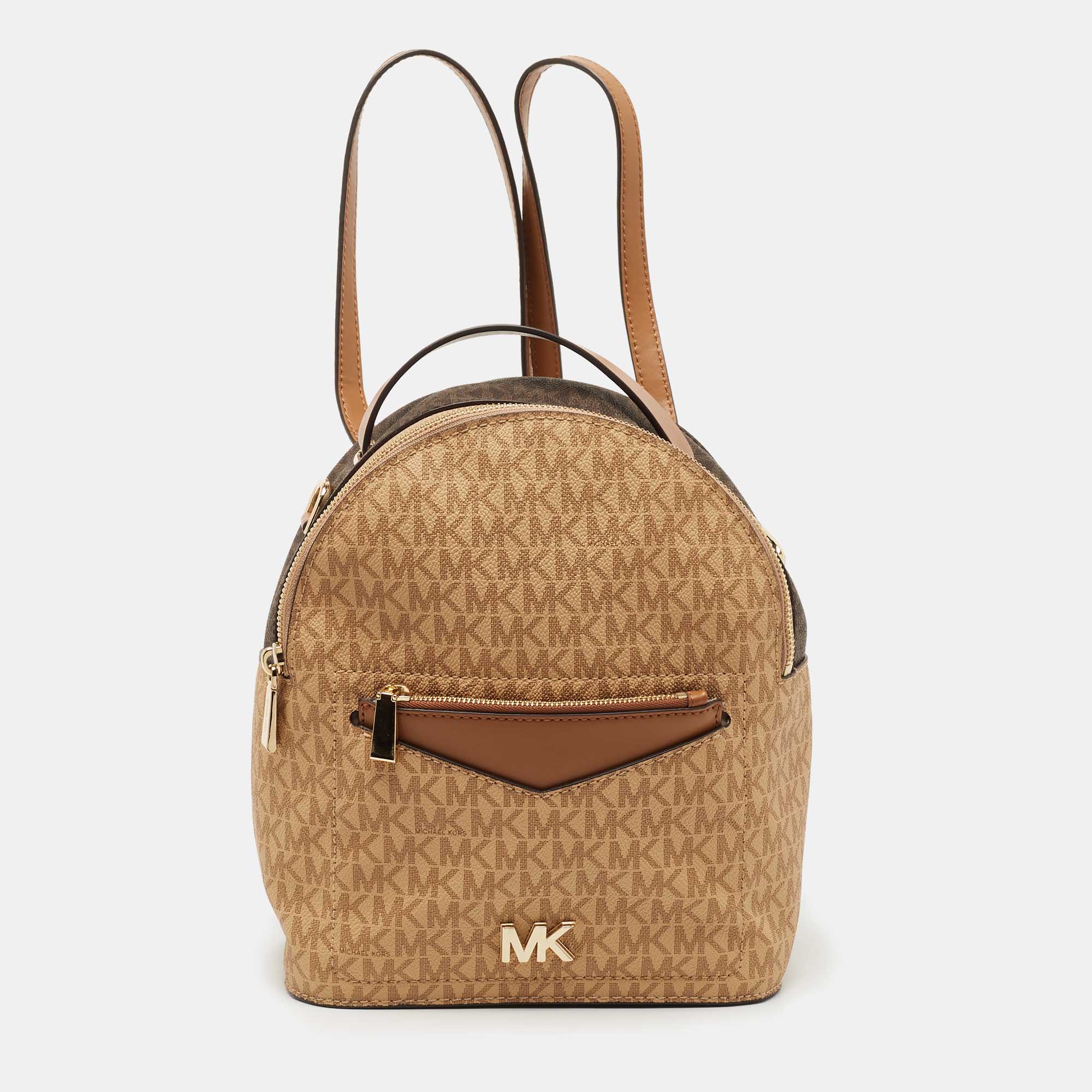 Pre-owned Michael Kors Beige/brown Signature Coated Canvas And Leather Jessa Backpack