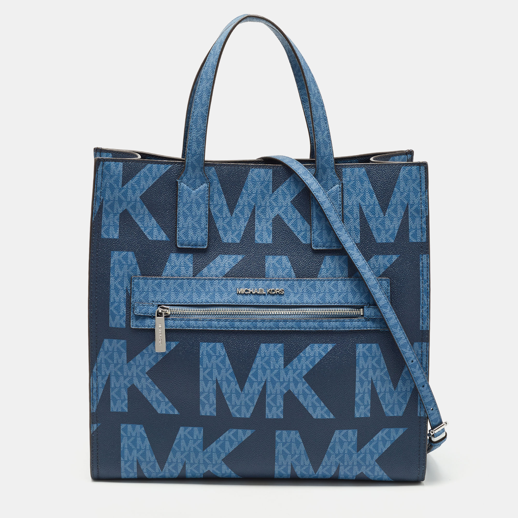 Pre-owned Michael Kors Navy Blue Signature Coated Canvas Large Kenly North South Tote