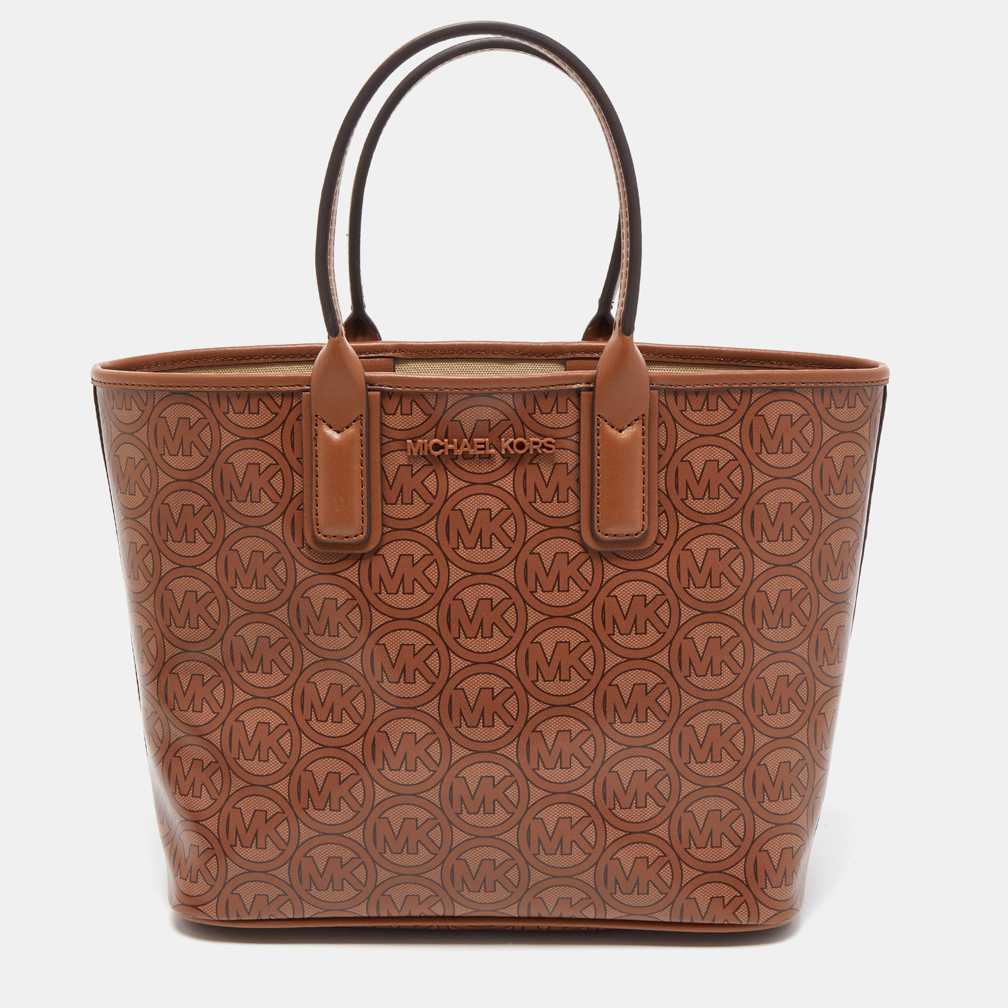 Pre-owned Michael Kors Brown Logo Jacquard Coated Canvas Small Jodie Tote