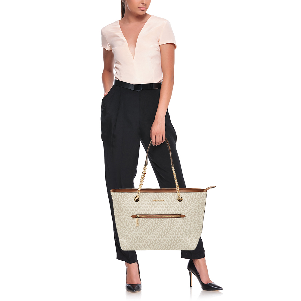 

Michael Kors White/Brown Signature Coated Canvas and Leather Large Front Zip Chain Tote