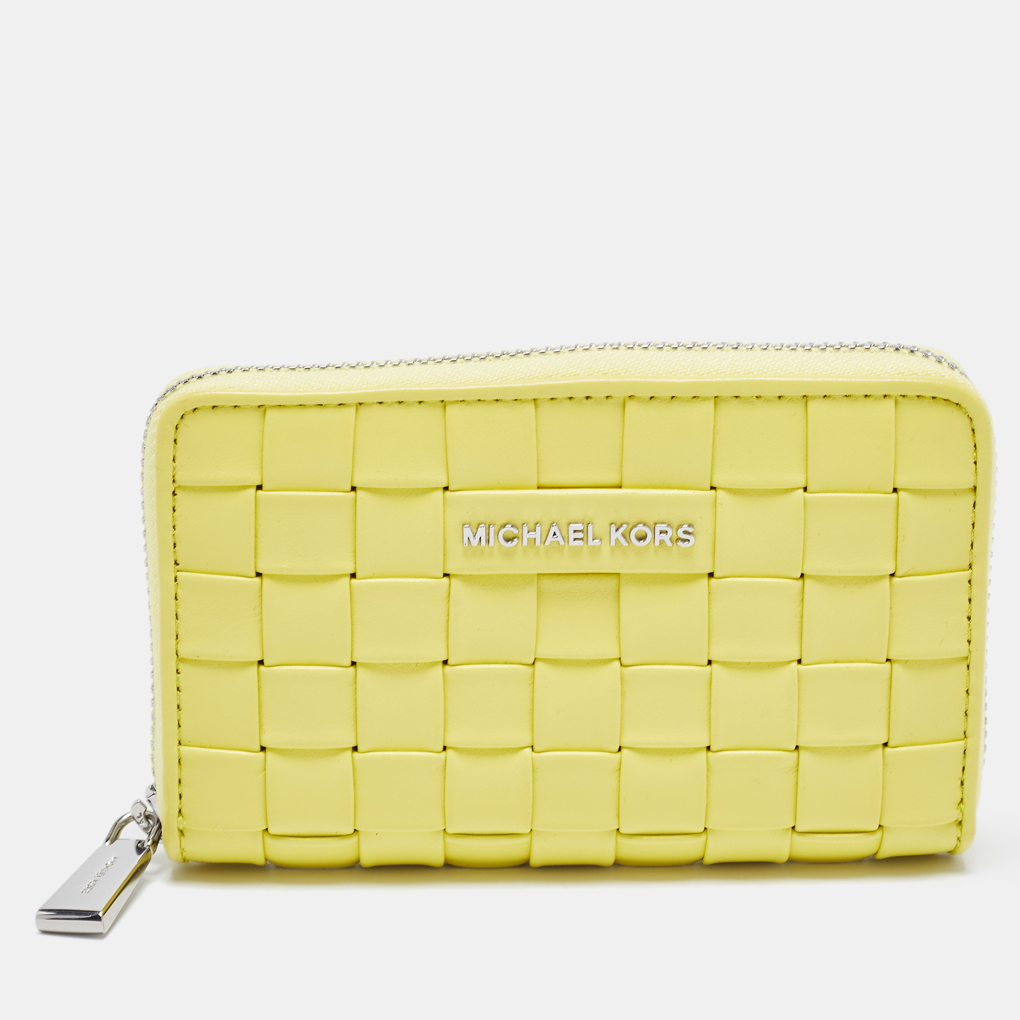 Pre-owned Michael Kors Yellow Intrecciato Leather Zip Around Compact Wallet