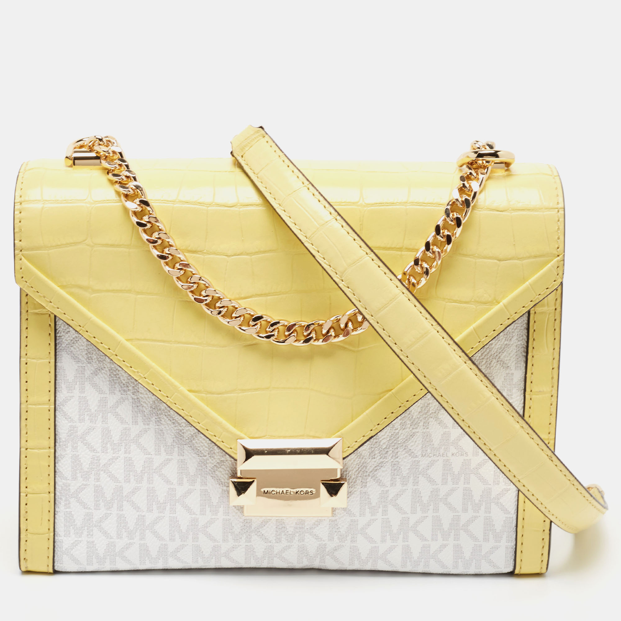 Pre-owned Michael Kors Yellow/white Coated Canvas And Croc Embossed Leather Large Whitney Shoulder Bag