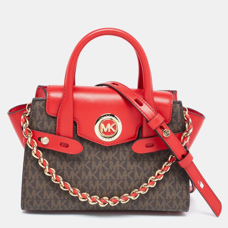 Pre-owned Michael Kors Red/brown Signature Coated Canvas And Leather Extra Small Carmen Satchel