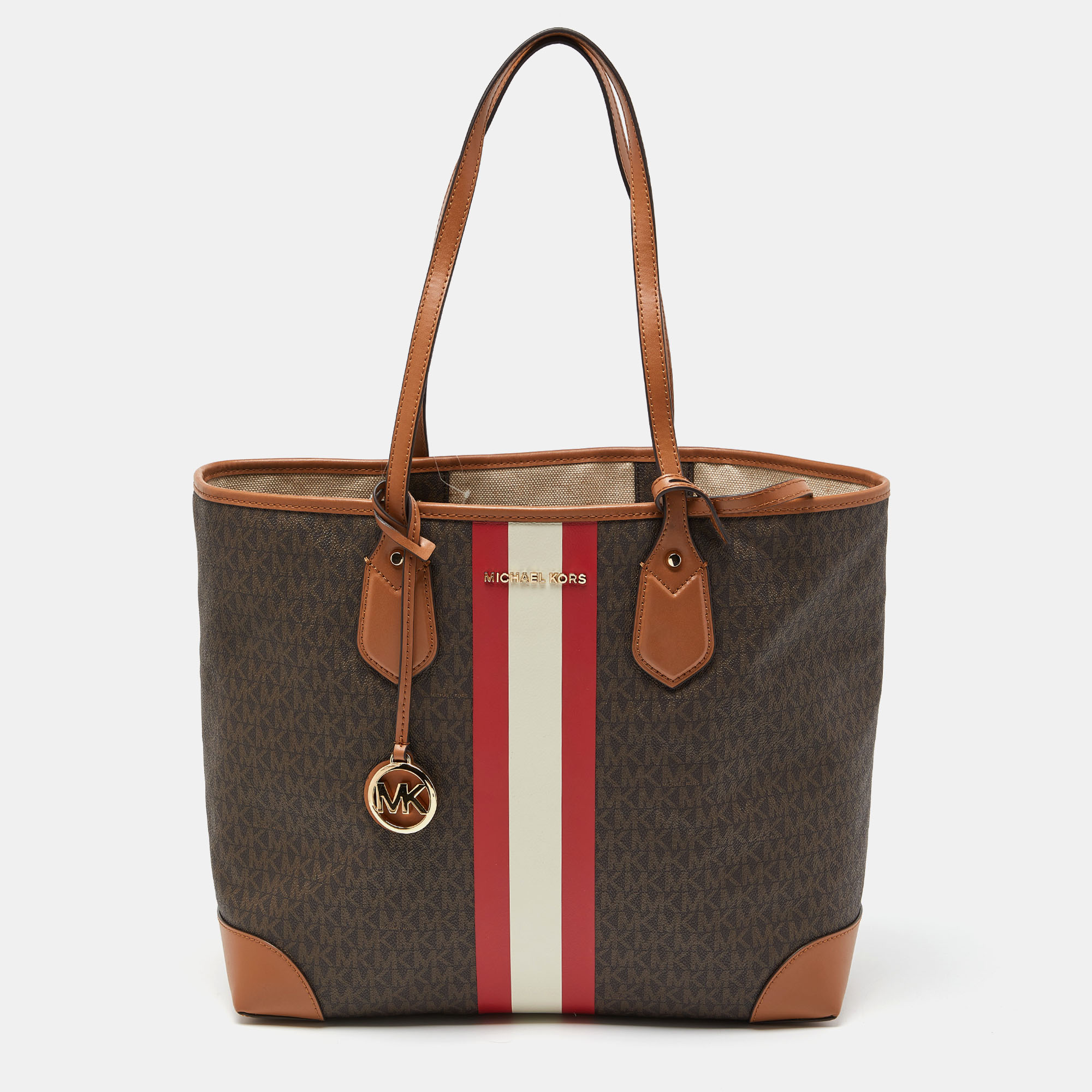 

Michael Kors Brown Signature Coated Canvas and Leather Large Logo Stripe Eva Tote