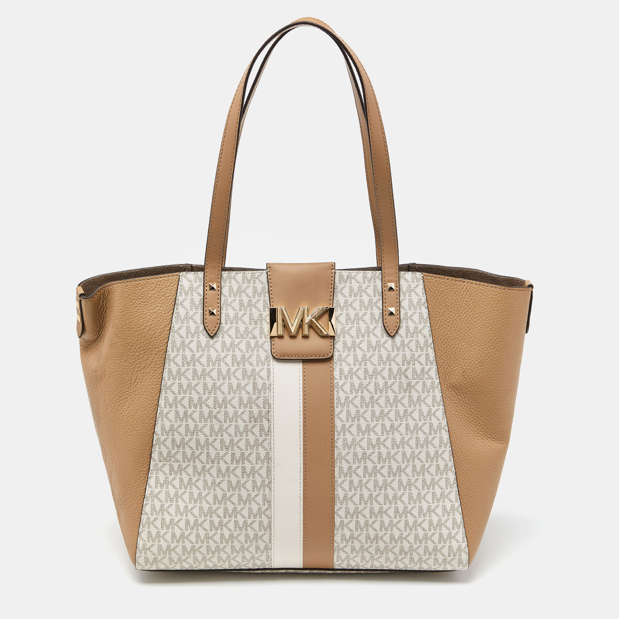 Pre-owned Michael Kors Vanilla/tan Siganture Coated Canvas And Leather Karlie Tote In Beige