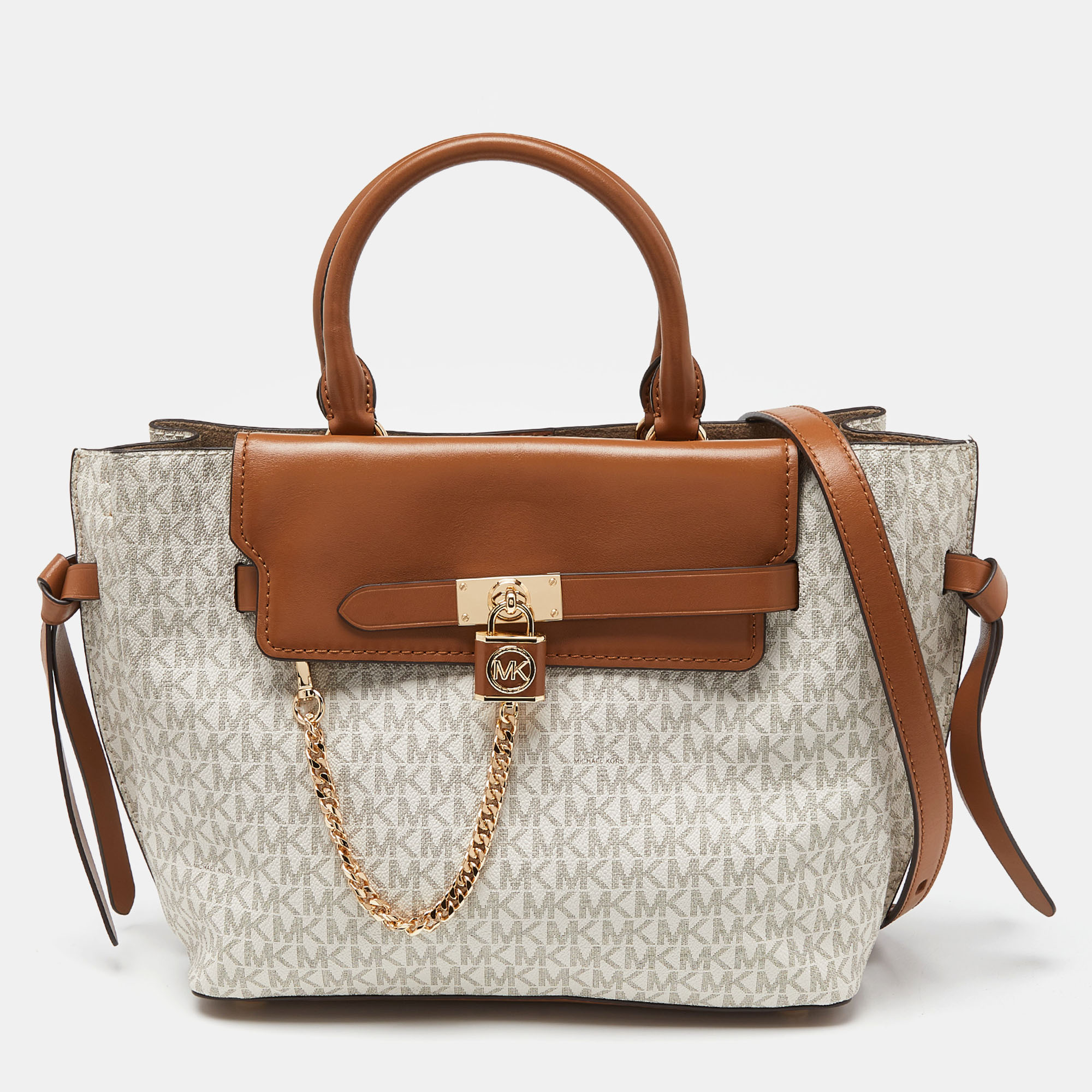 Pre-owned Michael Kors Vanilla/tan Signature Coated Canvas And Leather Hamilton Legacy Belted Tote In White