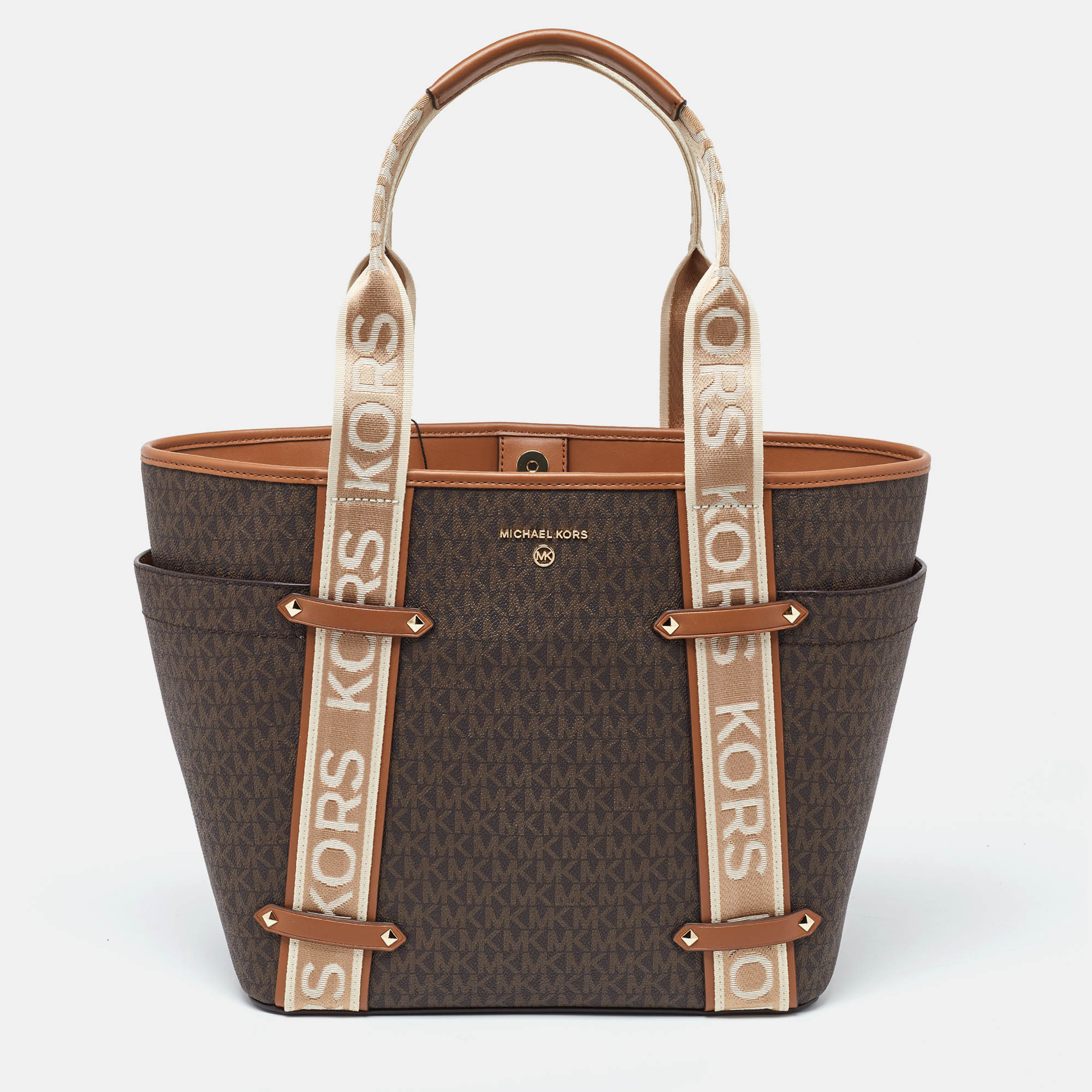 Pre-owned Michael Kors Brown /tan Signature Coated Canvas And Leather Large Maeve Shopper Tote