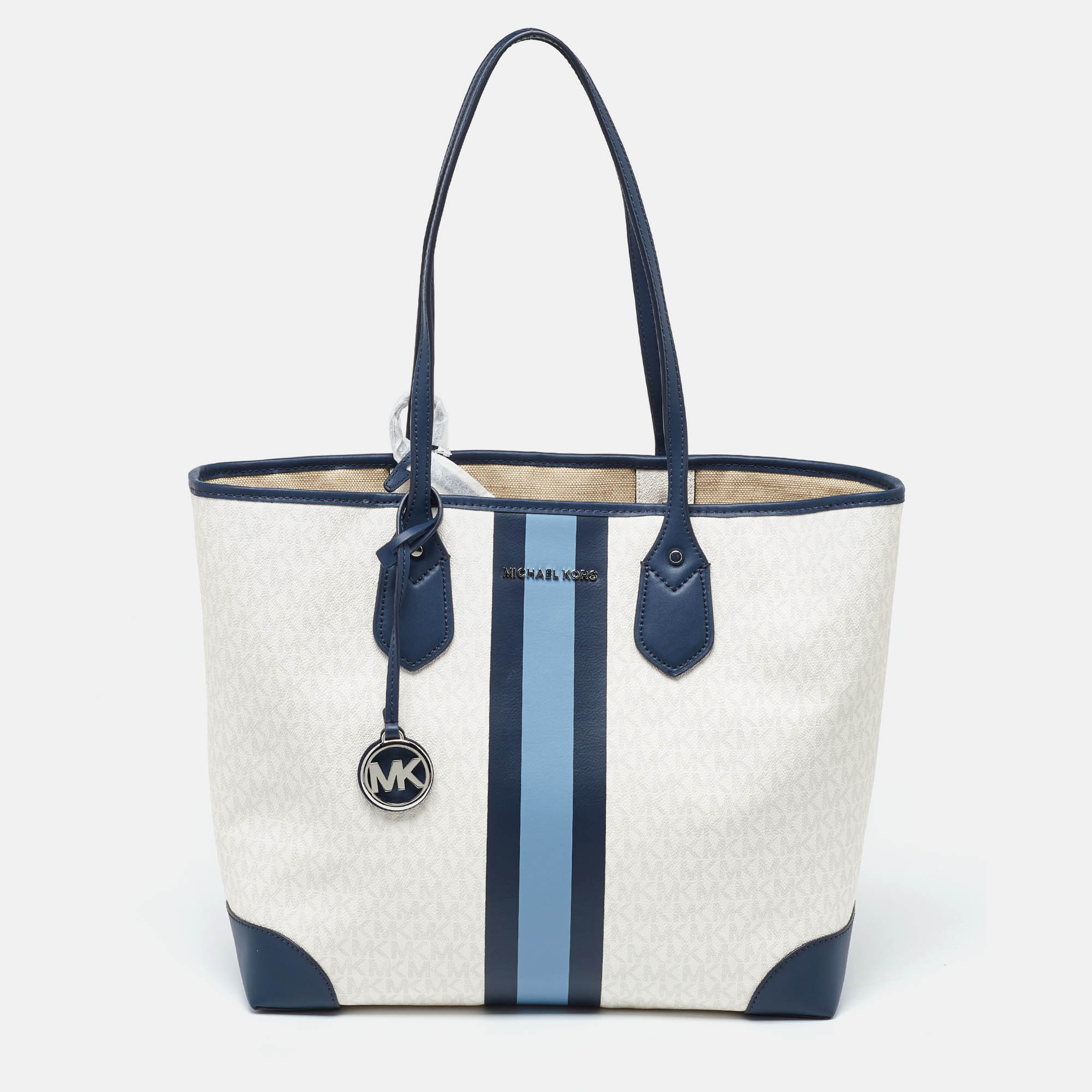 Pre-owned Michael Kors Off White/blue Signature Coated Canvas And Leather Large Logo Stripe Eva Tote