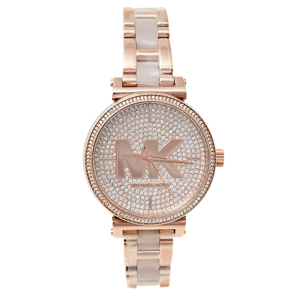 Pre-owned Michael Kors Rose Gold Tone Stainless Steel Crystals Sofie Mk4336 Women's Wristwatch 36 Mm
