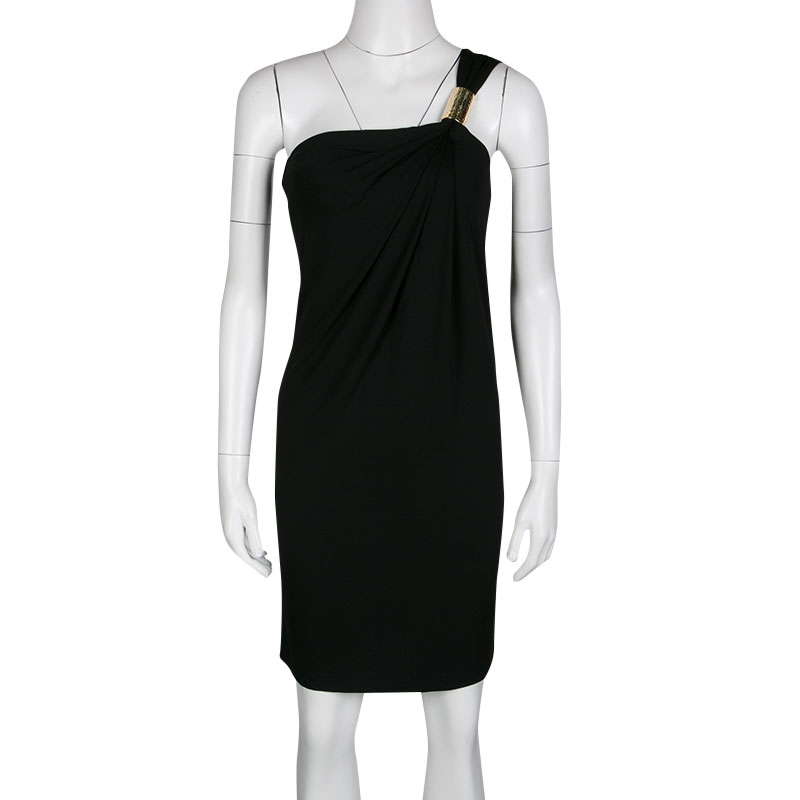 

Michael Kors Black Draped Knit Metal Buckle Detail One Shoulder Dress