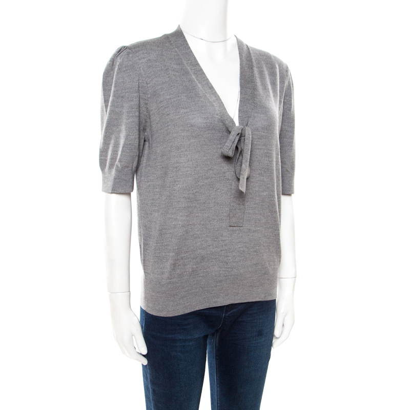 

Michael Kors Grey Melange Merino Wool Tie Neck Detail Short Sleeve Sweater