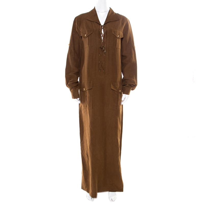 

Micahel Kors Pecan Brown Linen Silk Lace Up Safari Dress L