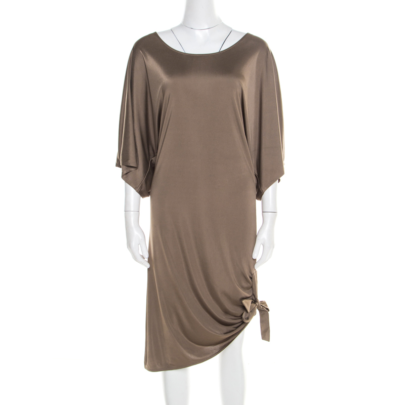 مملوكة مسبقًا Michael Kors Truffle Brown Satin Tie Detail Dress L