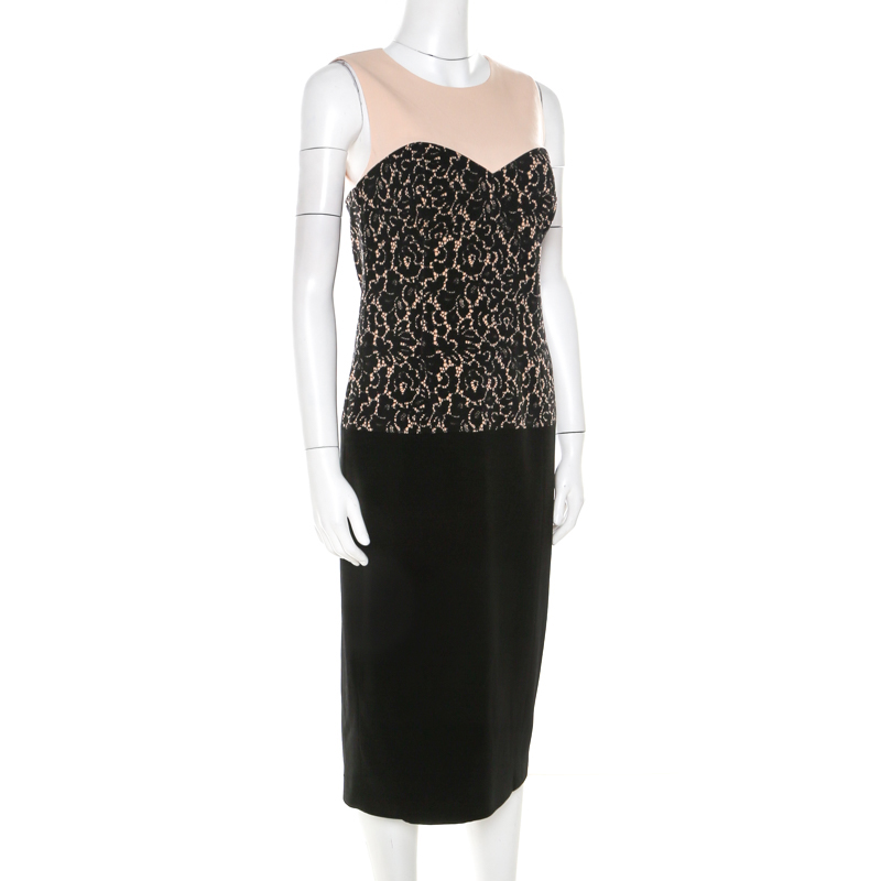 Pre-owned Michael Kors Black Lace Print Stretch Wool Crepe Dress M