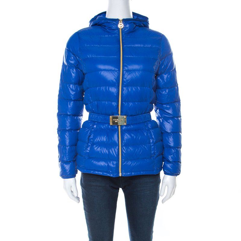 Michael Kors Blue Quilted Waist Belt Detail Hooded Jacket XS 