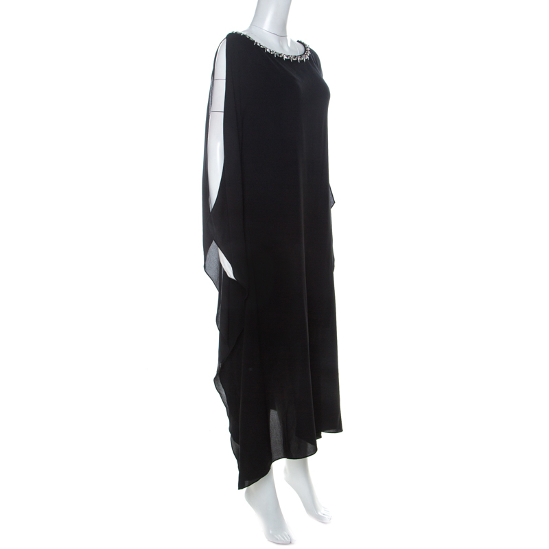 Pre-owned Michael Kors Black Crepe Embellished Bateau Neck Asymmetric Dress S