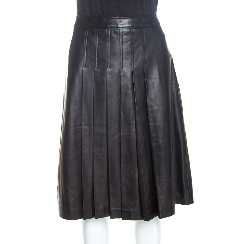 Pre-owned Michael Kors Dark Brown Leather Pleated Midi Skirt M