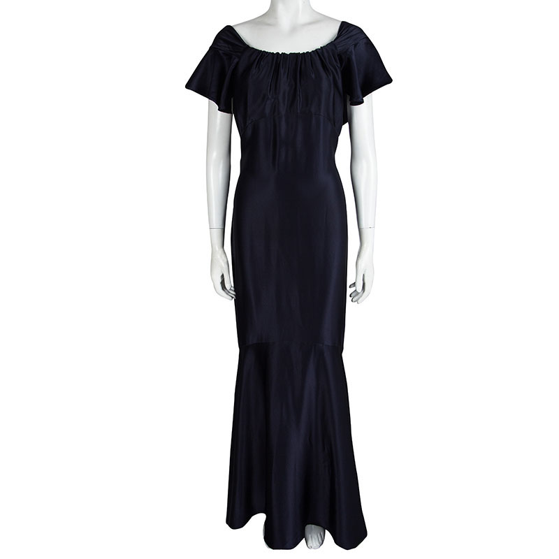 

Michael Kors Navy Blue Satin Ruffle Detail Backless Maxi Dress