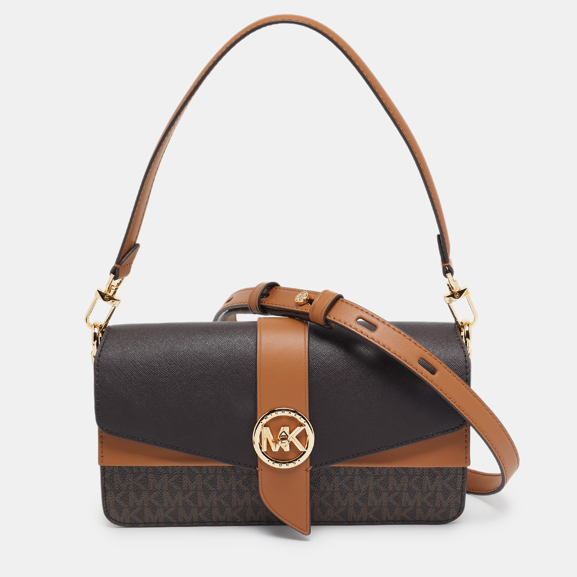 

Michael Kors Brown Signature Coated Canvas and Leather Medium Greenwich Top Handle Bag