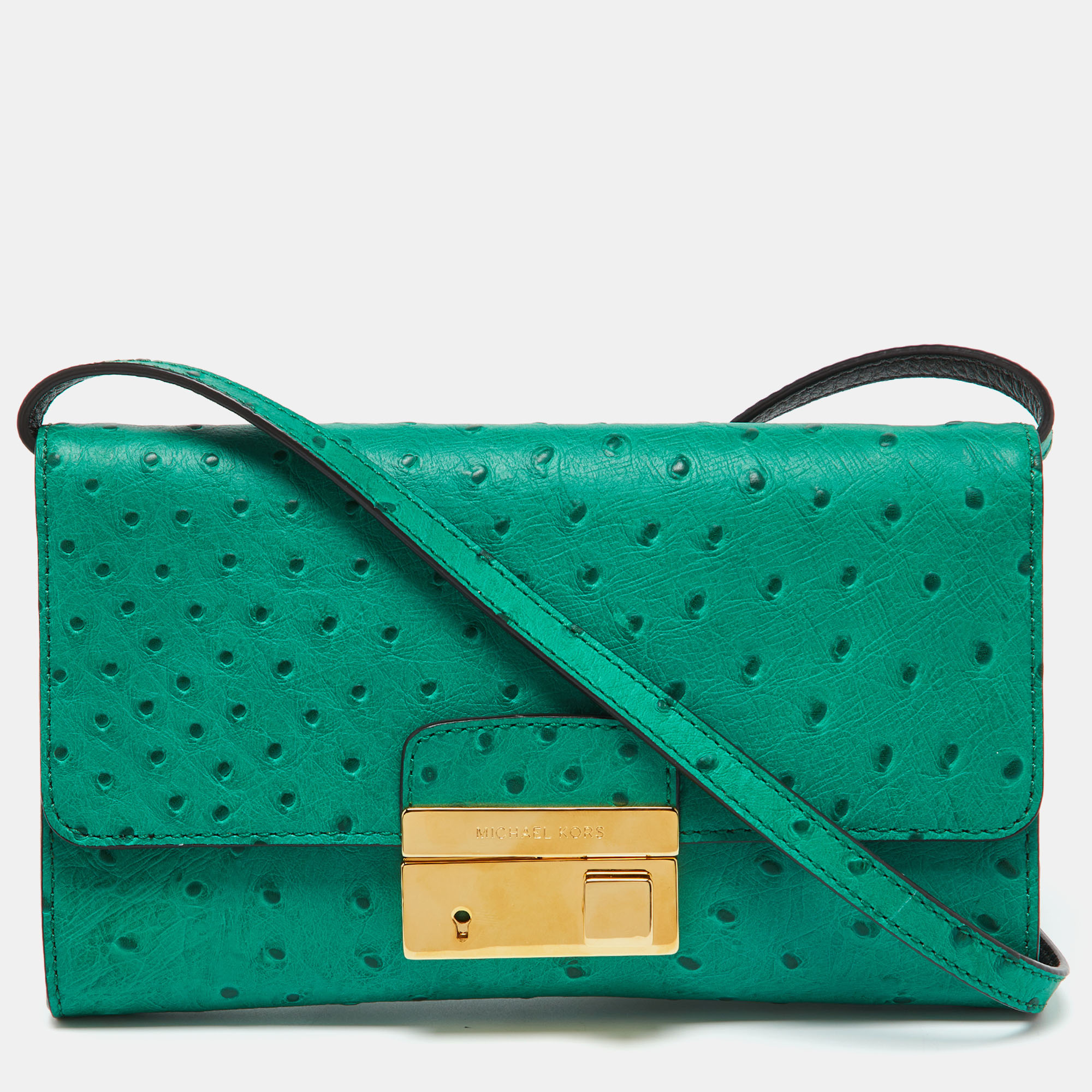 

Michael Kors Green Ostrich Embossed Leather Gia Convertible Clutch