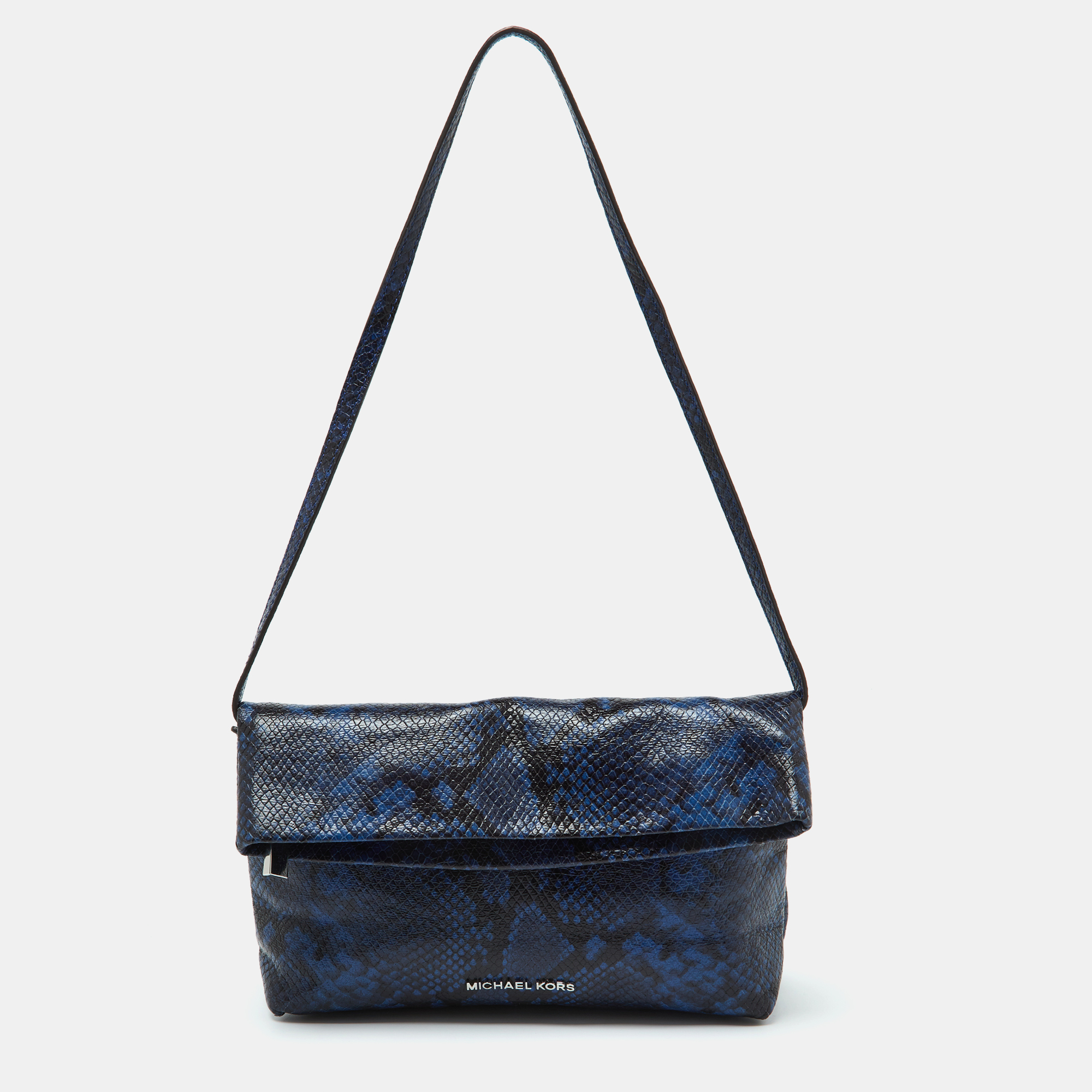 

MICHAEL Michael Kors Blue Python Embossed Leather Foldover Shoulder Bag