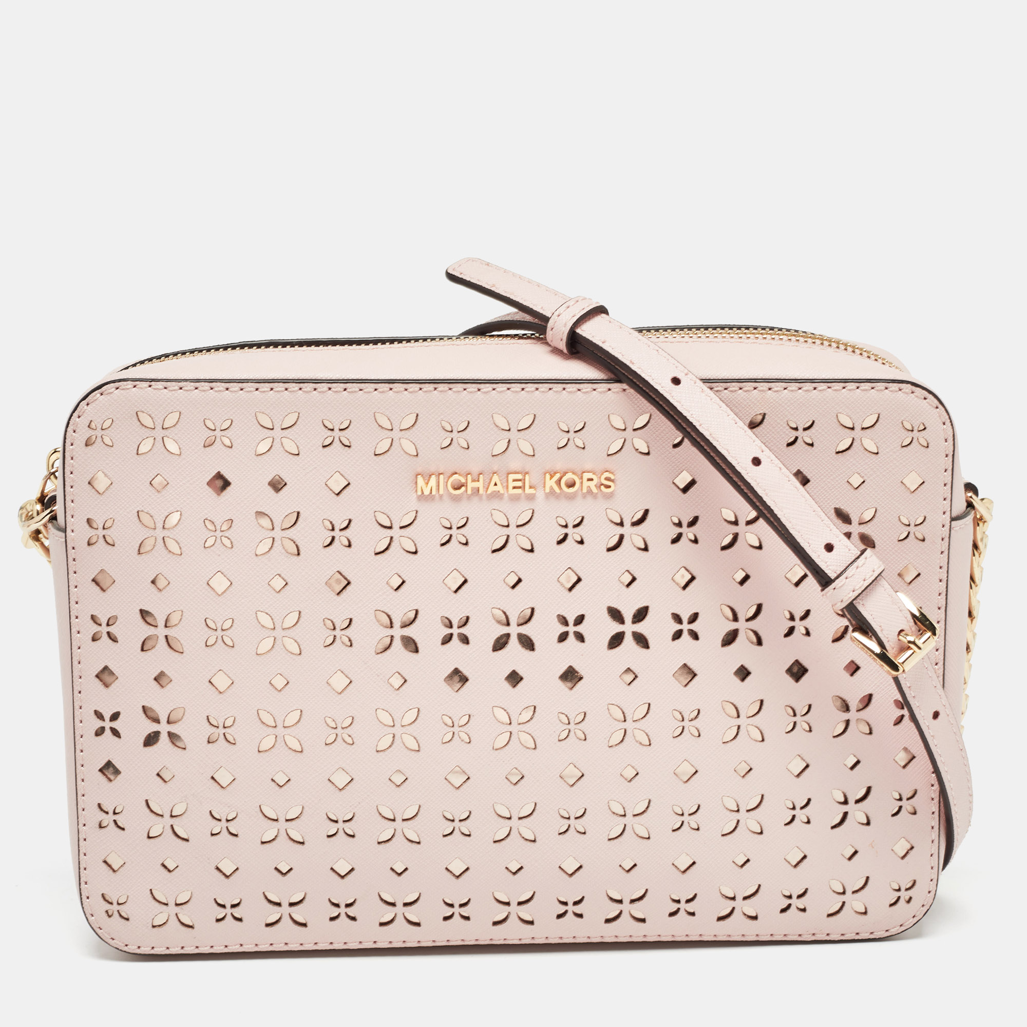 

Michael Kors Light Pink Leather Lasercut East West Crossbody Bag