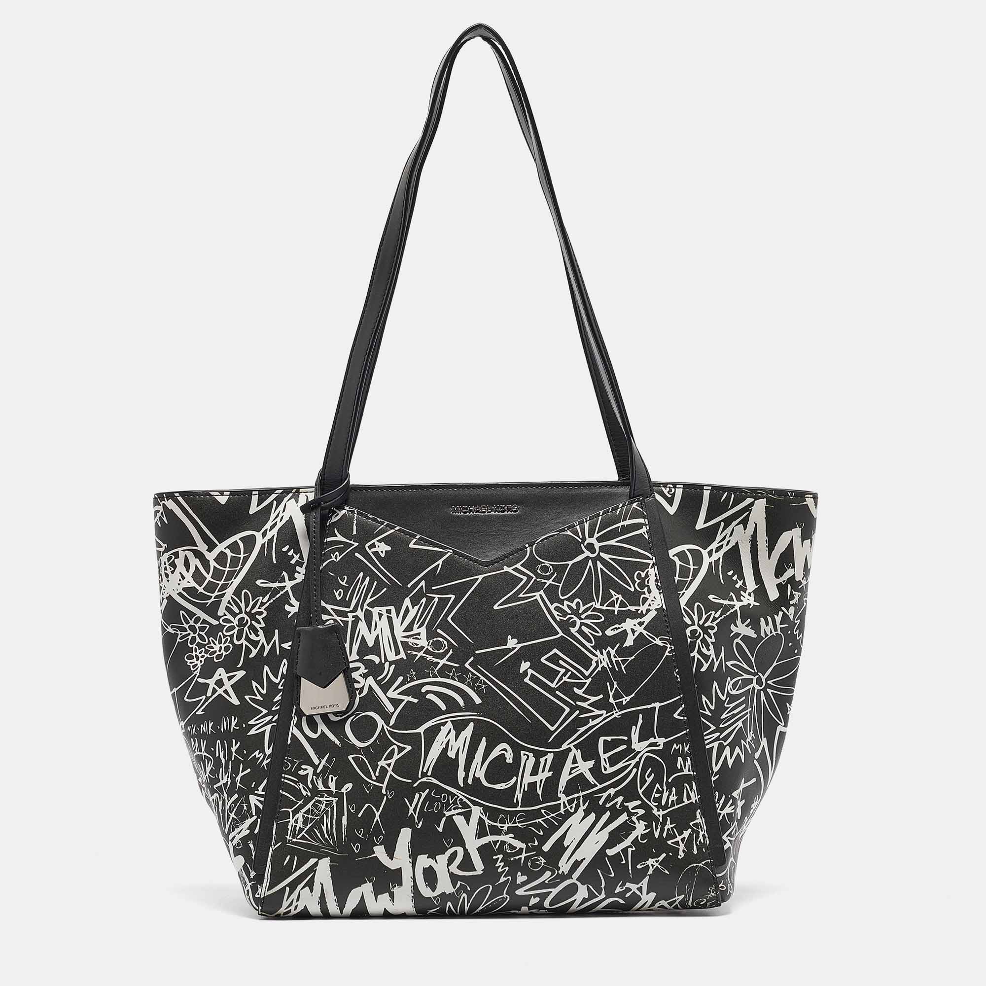 

Michael Kors Black/White Leather Large Graffiti Whitney Tote