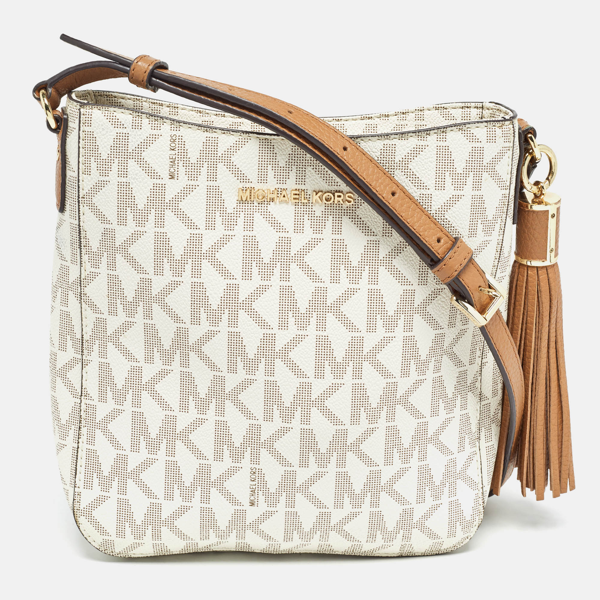 

Michael Kors White Signature Coated Canvas and Leather Tassel Messenger Bag, Brown