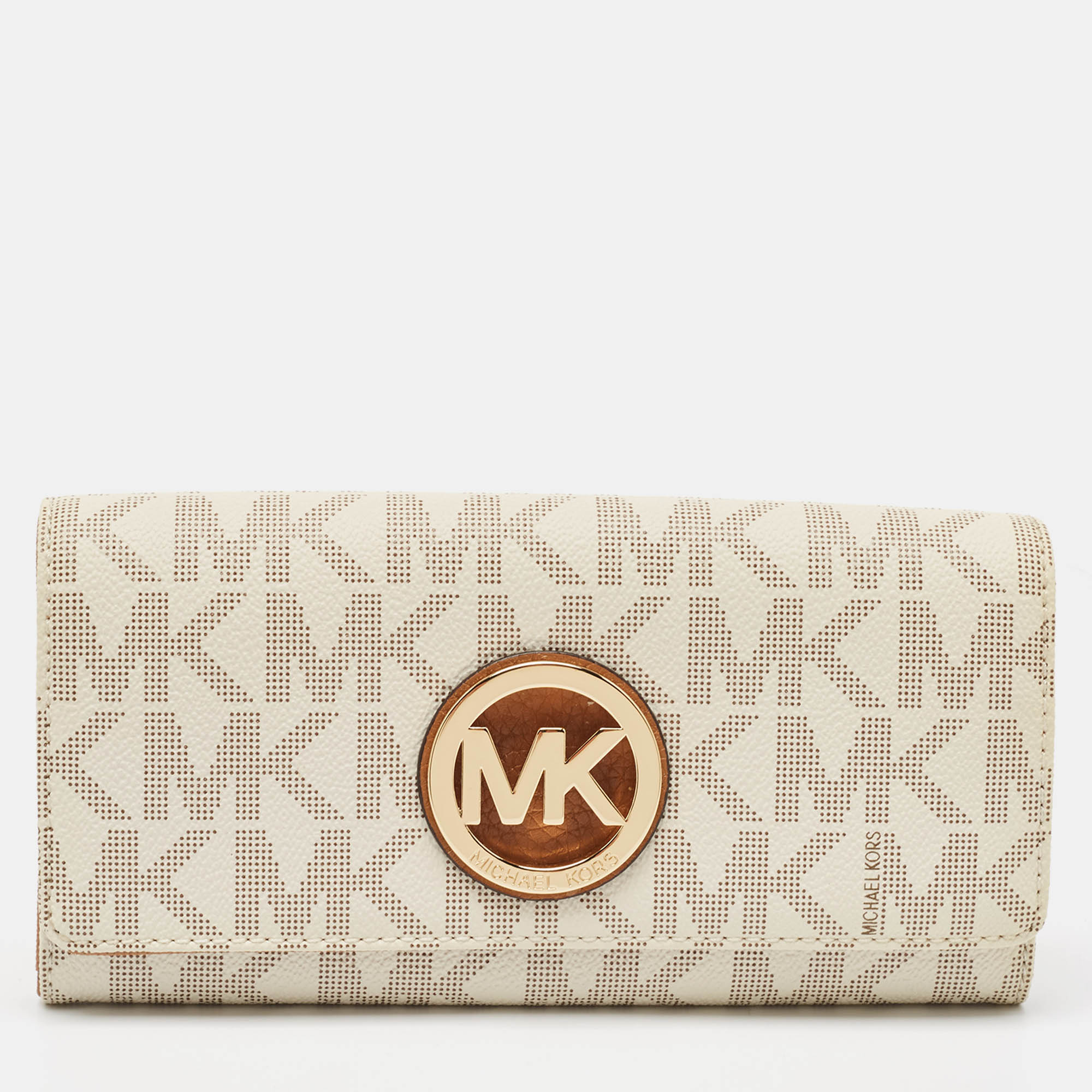 

Michael Kors White/Brown Signature Coated Canvas and Leather Fulton Continental Wallet