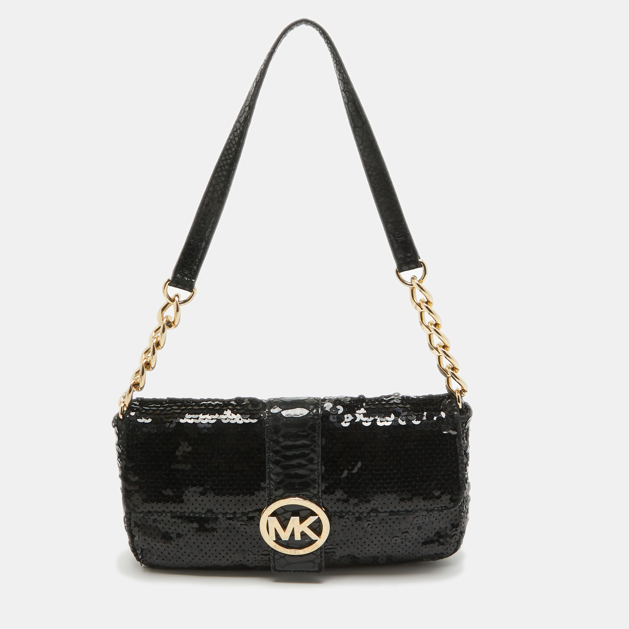 

Michael Kors Black Python Embossed and Sequins Logo Flap Shoulder Bag