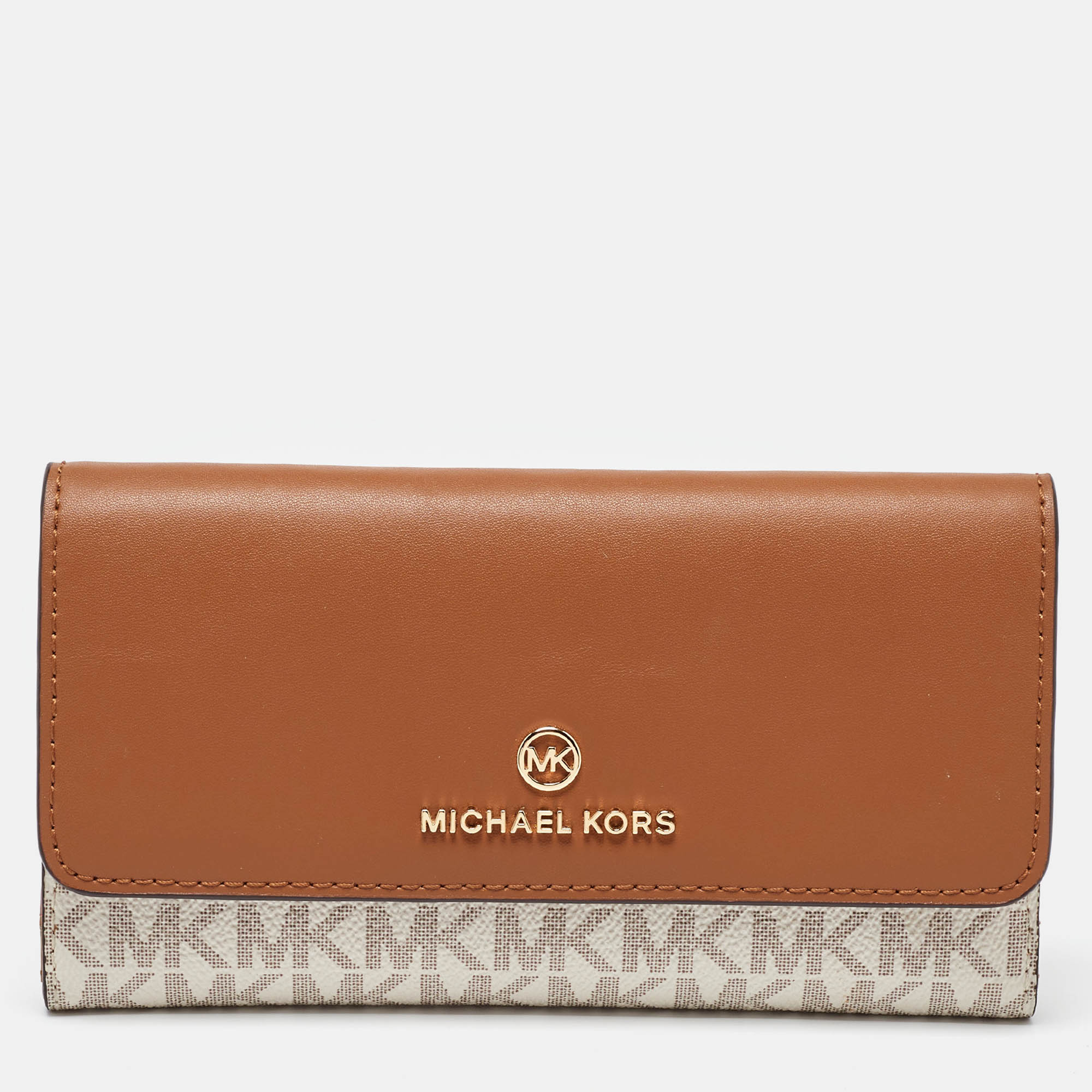 Pre-owned Michael Kors White/tan Coated Canvas And Leather Fulton Continental Wallet