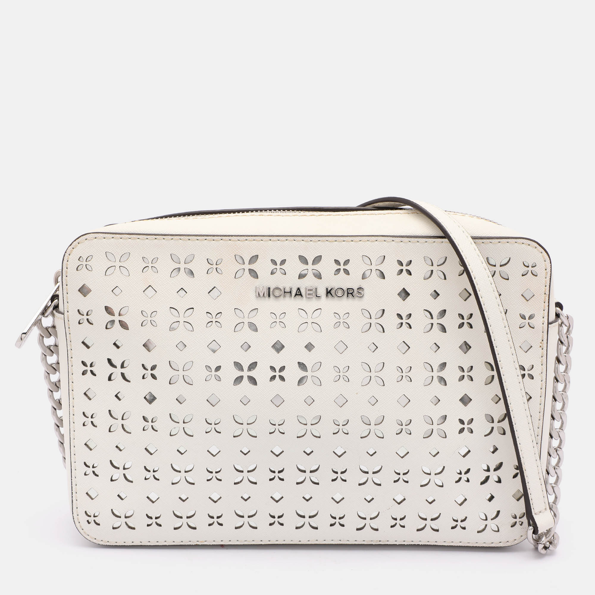 Pre-owned Michael Kors White Leather Laser Cut East West Crossbody Bag